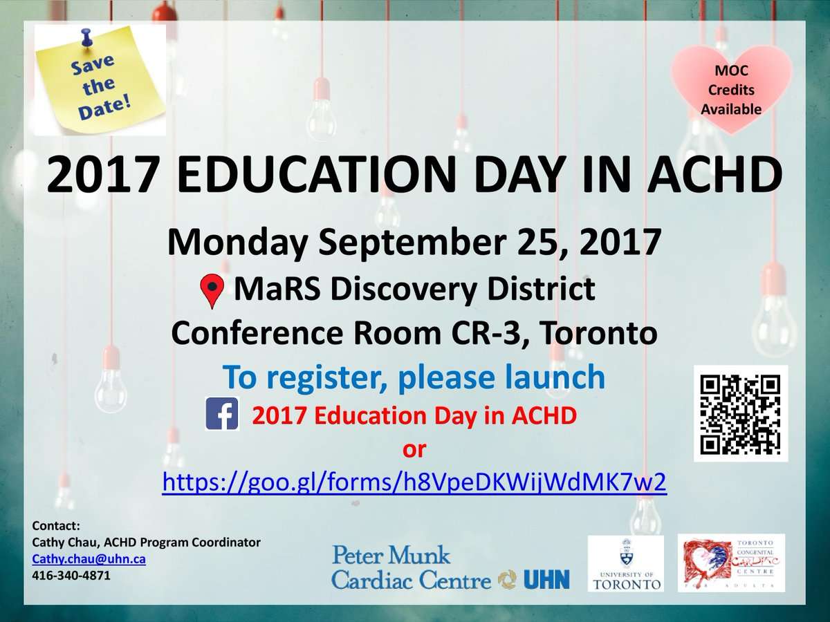 The Toronto Congenital Cardiac Centre for Adults (TCCCA) is holding its second annual Education Day in Adult Congenital Heart Disease (ACHD) on September 25, 2017 at the MaRS Discovery District, Conference Room CR-3.
